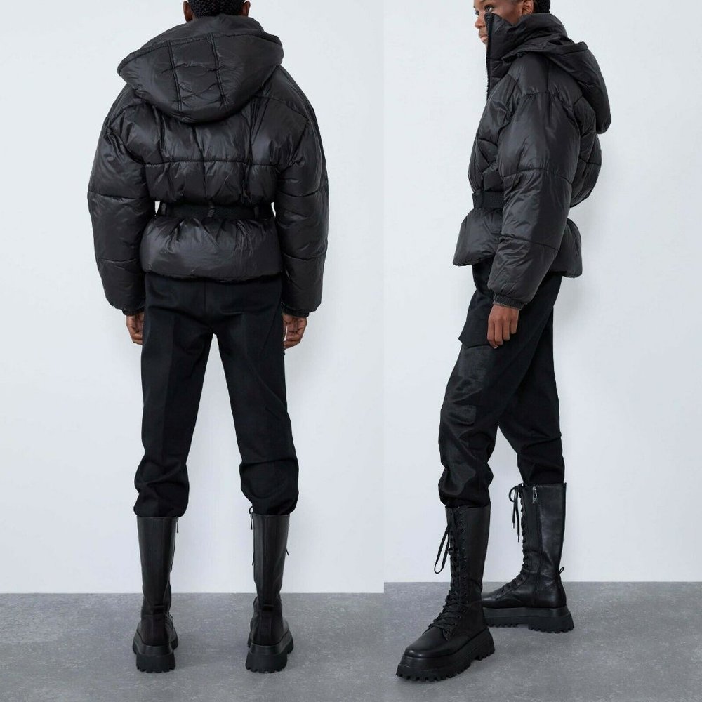 NEW Zara Black Sorona Dupont Removable Hood Soft Cozy Puffer Jacket with Belt - Picture 8 of 9
